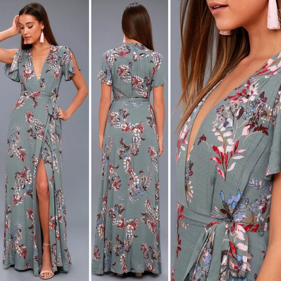 Lulus Fiorire Slate Blue Floral Print Wrap Maxi Dress 20577 - Picture 1 of 13